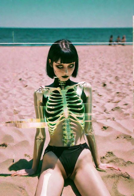 hyper realism, IR photo, light leaks, (split screen overlay , x-ray view:1.3), double exposure, (glitched image:1.2), a glitched out beautiful goth model relaxing on a sunny beach, pixelation, sinusoidal distortions, screen tear, post modern deconstruction, molecular view, vibrational spiral signals, (overlay, split screen image:1.1), abstractions, experimental, professional, highly detailed, thought-provoking masterpiece