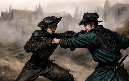 medieval, fantasy, dirt road background,
  fighting scenario, intense fighting, swords, 
 2males, tudor flat hat, wearing a medieval ranger outfit,
HD, very detailed,
 <lora:more_details:1.0>, <lora:Medieval_Headwear:1.0> mehe, <lora:Darkness:0.9> darkness, <lora:Bloodborne:0.1>