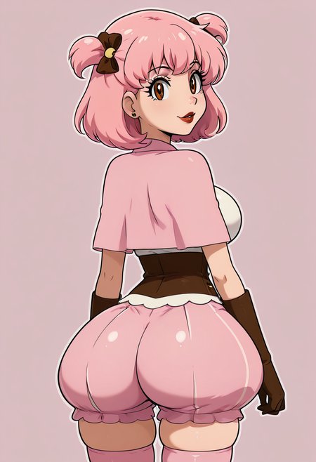 masterpiece, best quality, solo, curvy, beautiful eyes, narrow waist, large breasts, 1girl, solo, smile, looking at viewer,    zzMomo, brown eyes, short hair, pink hair, hair bow, two side up, hair ornament, hair ribbon,  capelet, white shirt, brown gloves, puffy shorts, pink thighhighs, zettai ryouiki,  ,<lora:MomoByKurumiErika_IXL:1.0>,  , solo, looking at viewer, simple background, ass, cowboy shot, looking back, from behind, hair over one eye, lips,  skindentation, makeup, piercing, cross, lipstick, ear piercing, eyeshadow, shiny clothes, gothic, <lora:ElfFio_IXL_v2:0.8>,