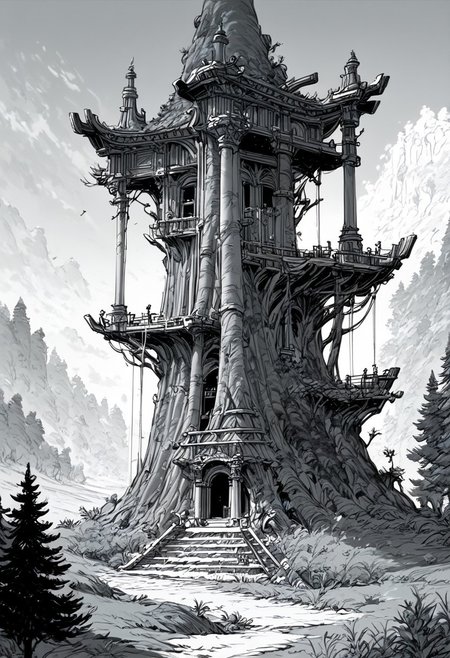 score_9, score_8_up, score_7_up, masterpiece, landscape, old forest, gnarled trees, grass, ancient houses, dilapidated buildings, shacks, witch houses, buildings, sun, epiCPhoto, long shadows, eerie