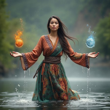 professional photograph. highly detailed. 
45yo akhovia woman in traditional clothes standing in water and praising (the_wind | the_water | the_fire | the_earth) with a gesture that conjures up the four elements in a explosion of the elements.