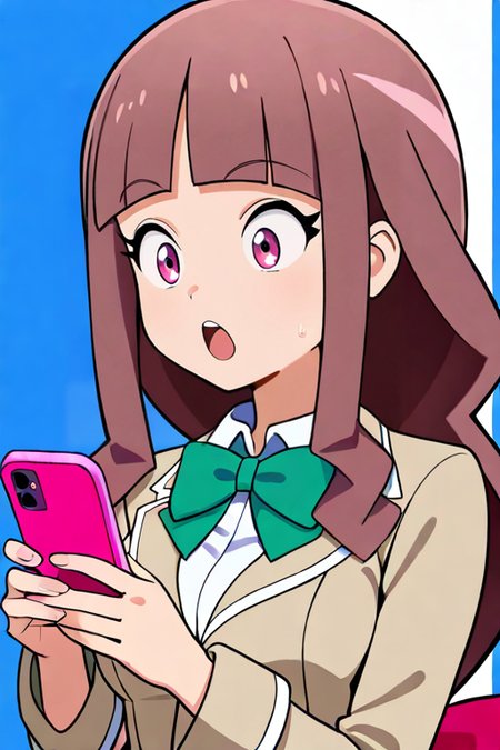 masterpiece, High quality, Ultra detailed, 2d, newest, absurdres, highres, BREAK
1girl, solo, <lora:tsukiyono_ruli:0.8>, ruli_tsukiyono,  long hair, low-tied long hair, blunt bangs, brown hair, purple eyes, 
medium breasts, rulidef, long sleeves, school uniform, green bowtie, brown jacket, blazer, white shirt, upper body, 
surprised, open mouth, hands up, holding phone, smartphone,