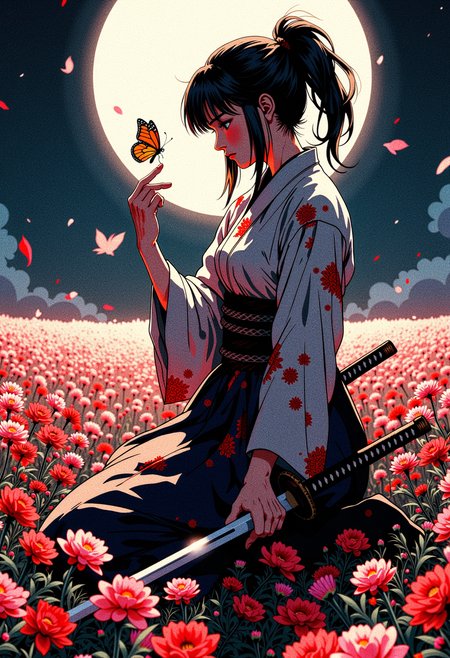 retro anime style, mythp0rt, vantablack, In the middle of an endless flower field under the cold light of the moon, a female samurai kneels on one knee, her once-pristine attire now tattered and soaked in blood. The fabric clings to her, stained and torn from battle, yet her spirit remains unbroken. Her expression reveals a poignant mixture of fragility and unwavering determination, as though balancing on the edge of despair and resolve. Resting across her knee is her bloodied katana, its presence heavy yet grounding. A single vibrant butterfly, out of place amidst the aftermath of violence, delicately lands on her outstretched finger, offering a fleeting moment of peace. The pale moonlight bathes the entire scene in a soft, silvery glow, casting long shadows over the sea of flowers swaying gently in the night breeze <lora:FluxMythP0rtr4itStyle:0.45> <lora:Halftone_Flux:0.25> <lora:RetroAnimeFluxV1:0.8>  <lora:- Flux1 - vanta_black_V2.0:0.5>