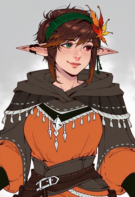 best quality, detailed face, detailed eyes
masterpiece, best quality, very aesthetic
by val
\
1girl, bridal gauntlets, brown hair, cloak, elezen, elf, gloves, green eyes, grey background, hair ornament, hairband, heterochromia, hood, hood down, leaf hair ornament, lips, looking to the side, orange shirt, pointy ears, red eyes, short hair, smile, solo, upper body, warrior of light \(ff14\)