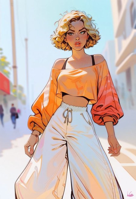 score_9, score_8_up, score_8, score_7_up, score_7, score_6_up, score_6, score_5_up, score_5, rating_questionable, sexy girl, blonde messy hair, sexy, baggy shirt, baggy pants, intricate details, face focus , street, fashion photography , high quality , aesthetic fashion , dynamic pose , street , dynamic perspective