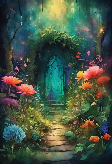 A secret garden, hidden within an enchanted forest, where every flower and herb holds magical properties. Guardians of nature defend this sacred place from those who would misuse its power., 
the scene is captured in dimly lit dark fantasy but vibrant colors, with bold ink lines defining form against the watercolor wash of the aged paper