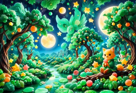 Sinoink, score_9, score_8_up, score_7_up, score_6_up, 1girl, chibi,  sitting on candy tree branch , made out of jade, fresh, refreshing iridiscent, night sky, candy moon, candy stars, magical orchard , bokeh, midjourneyv6.1