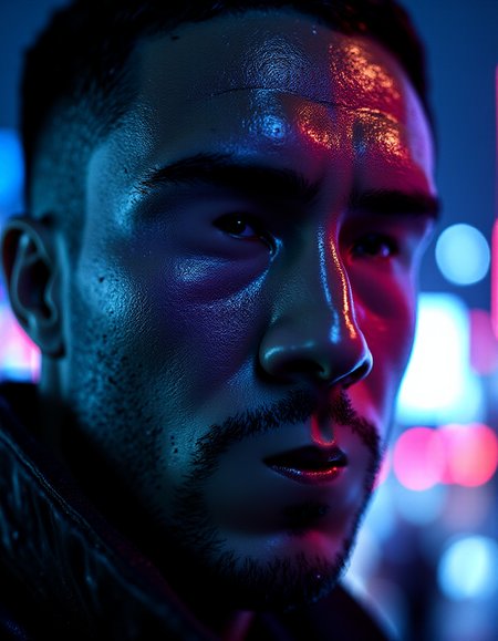 A ral-smlfcs manâs face with rain-soaked skin, organic metallic lines subtly embedded in his features, reflecting the neon lights of a futuristic city. The background is blurred with deep blues and purples, while high-contrast lighting emphasizes the damp textures. Shot with a 35mm lens for a cinematic feel.
 <lora:ral-smlfcs-flux:1>