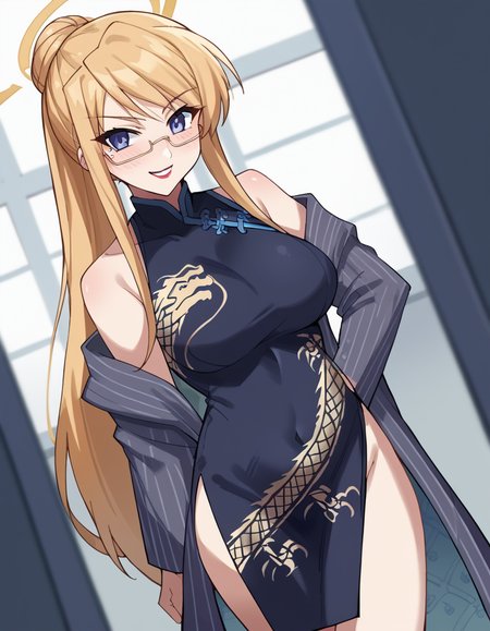 score_9, score_8_up, score_7_up, source_anime, <lora:margery-daw-s1-ponyxl-lora-nochekaiser:1>, margery daw, long hair, blue eyes, blonde hair, large breasts, glasses, mole, makeup, lipstick, <lora:blue-archive-kisaki-cosplay-ponyxl-lora-nochekaiser:1>, blue archive kisaki cosplay, kisaki (blue archive) (cosplay), dragon print, china dress, print dress, chinese clothes, pinstripe jacket, sleeveless turtleneck dress, cosplay, vertical-striped jacket, pinstripe pattern, pelvic curtain, striped coat, grey coat, black dress, sleeveless dress,, indoors, from side, blush, smile,, cowboy shot, looking at viewer, , dutch angle, cowboy shot
