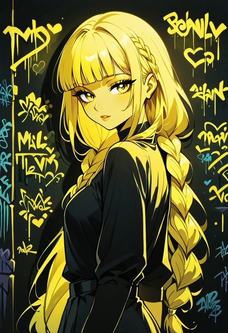 score_9, score_8_up, score_7_up,sexy pose,expressiveh,album cover,1girl,solo,long hair,braided ponytail,blunt bangs, blgStyle, black background,graffiti, flat lighting,yellow theme, yellow outline, white skin, monochrome,<lora:Blacklight_Graffiti_Style_Pony:1>  <lora:Expressive_H:0.8>