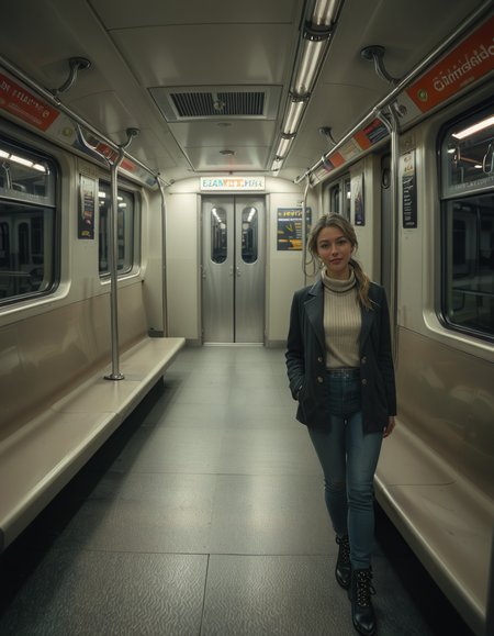 A modern subway train,Subw4y tr41n, in motion, with a single woman standing near the center of the train car, holding onto a shiny metal pole for balance as the train glides along the tracks. The woman is dressed casually yet stylishly, wearing a long black coat over a beige turtleneck sweater, paired with slim-fit jeans and ankle boots. Her hair is neatly tied back into a low bun, with a few loose strands framing her face. She has a thoughtful, calm expression, her gaze directed slightly downward as if lost in her own world. In her other hand, she holds a small tote bag, its strap looped over her wrist, with a paperback book peeking out from the top.
The subway car is clean but shows subtle signs of daily use. The walls are lined with muted gray panels, and the seats along the edges of the car are upholstered in a dark blue fabric, slightly faded from wear. Overhead, fluorescent lighting casts a bright, even glow across the interior, causing faint reflections on the polished floor, which is marked with the occasional scuff from commuters' shoes. Metal grab handles hang from above, gently swaying with the trainâs movement, and shiny steel poles are strategically placed throughout the car.
The windows on both sides reveal a blurry, motion-filled view of the dark subway tunnel, interspersed with flashes of graffiti-covered walls and dim utility lights. Above the windows, digital displays show the next stop in bright LED text, along with a route map that runs the length of the car. Small advertisements are mounted on the walls, showcasing everything from city events to product promotions, some with vibrant colors that add subtle contrast to the neutral tones of the train.
The atmosphere feels still and introspective, with the soft hum of the train and the occasional squeal of the wheels on the track. The train is sparsely occupied, with a few empty seats and subtle details like a forgotten coffee cup on one bench and a folded newspaper lying on the floor. The overall mood is quiet and reflective, capturing a moment of solitude and thoughtfulness during an ordinary subway ride.<lora:SDXLFaeTastic2400:0.4> <lora:extremely_detailed:0.4> extremely detailed, <lora:Subw4y_tr41n:1>, Masterpiece,best quality,hi res,8k,hi res,8k,award winning,(sharp focus, intricate, highly detailed),