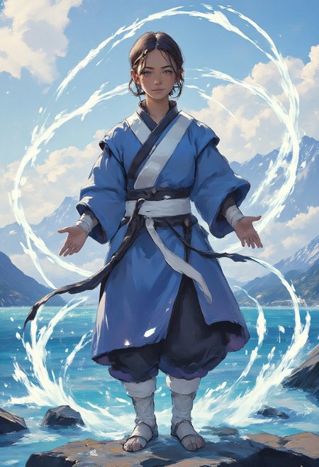 This is a digital drawing in a stylized, semi-realistic anime-inspired art style. The scene depicts Katara, a young woman with a warm, inviting smile
Katara has light brown skin and light blue eyes. Her hair is brown. She is looking directly at the viewer, standson the shore of the lake
She is dressed in a traditional blue robe with a white sash tied around the waist, digital illustration, DreamArt, A powerful and graceful waterbending heroine, an alluring vixen, inspired by Katara from the Avatar series,She stands in a dynamic action pose, surrounded by swirling gusts of water, The setting features vibrant skies, with the wind creating intricate patterns in the air around her, emphasizing her connection to nature and the elements
