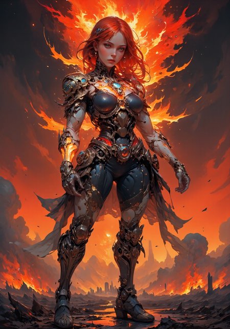 A fierce, armored woman with glowing red eyes, engulfed in flames, stands in a post-apocalyptic battlefield. Her red hair flows with the heat of the fire surrounding her, while her black and crimson futuristic armor pulses with energy. She clenches her fists, and flames burst out from her body, igniting the ground beneath her. The sky above is dark and filled with swirling ash, and debris floats through the air as she prepares for battle. The camera tracks her from a low angle, slowly zooming in on her face as her eyes burn brighter. As the scene intensifies, a wave of fire erupts from her, engulfing everything in its path. More: The scene takes place during a fiery sunset, with a dark red sky. Embers float in the air, creating a tense and dramatic atmosphere. Intense lighting highlights her armor and the fire, emphasizing her power.
 <lora:DarksunRIDDV3:0.6> <lora:flux_hyperkraximalism-crazy:0.6> <lora:Midjourney_-_SemiReal_Dreams_FLUX_LoRA:0.6> <lora:CPA:0.6> <lora:BLUE_mk4_angel_FLUX_01:0.6> <lora:BioInk2FLUX:0.6>