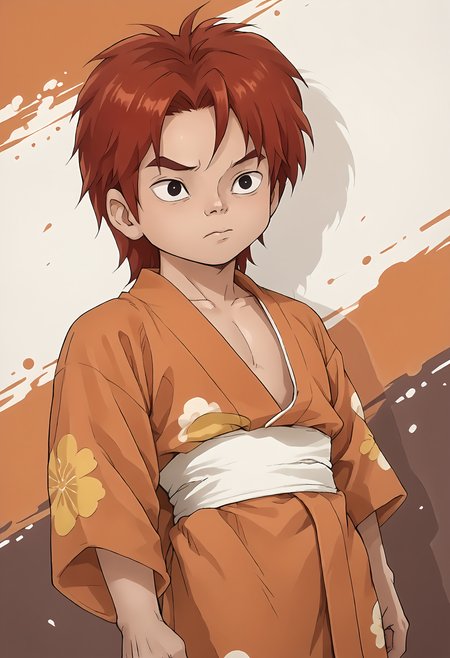 score_9, score_8up, score_7up, score_6up, score_5up, score_4up, dynamic angle, dutch angle, abstract background, source_cartoon, rating_safe, BREAK
solo, male, cro_magnon, red hair, black eyes, kimono, yukata, japanese clothingBREAK
 <lora:Cro_the_Cro-Magnon_-_Cro_-_PDXL:1>, <lora:koyama01rw:.8> <lora:VonBoche_-_Style:.8> vonboche