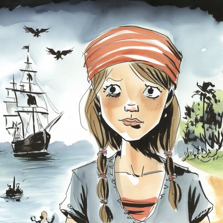 drawix12 pirate girl, island and pirate ships in the background  <lora:drawix12:0.7>