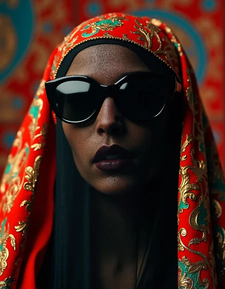 portrait of a sad elaborate veiled woman with her eyes obscured by black sunglasses, vibrant, elaborate, dramatic