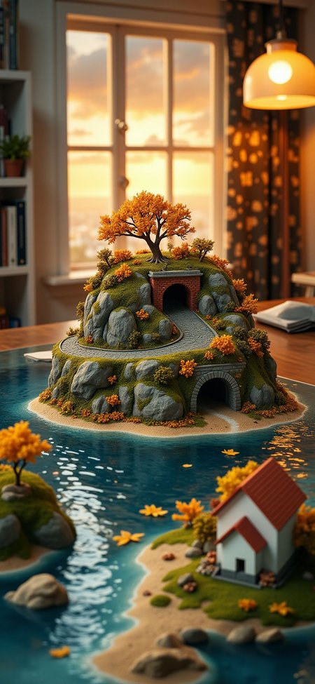 (indoor,very wide isometric view,tilt-shift lens:1.6), (windowless,miniature,miniature,diorama,miniature,diorama,PVC,plastic:2),sunset autumn ,beach,brick arch bridge,road,tunnel at (floating island,levitating  island:1.5) on (table:2) at (study:2.5)   <lora:Diorama_Flux:1>