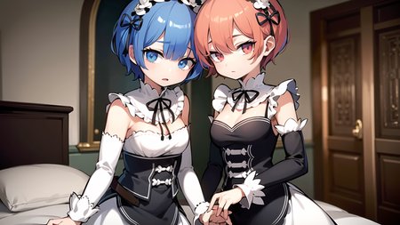 masterpiece, best quality, ultra-detailed, illustration, epic lighting, cinematic composition, colorful, (2girls:1.2), rem_\(re:zero\), ram_\(re:zero\) with red eyes, holding hands, (short hair, hair over one eye:1.2), twins, blue eyes, red eyes, (looking at viewer:1.2), surprised, shock, scared, afraid, white maid outfit, indoors, mansion, room, cowboy shot, (extremely detailed CG:1.2), (8k:1.1)