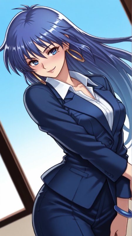 source_anime, general, best quality, masterpiece, 1girl,  <lora:shante_ill:1> shante\(arkthelad\),arc the lad, blue eyes, blue hair, jewelry, hoop earrings, blue bracelet, business suit, dutch angle, dynamic pose, seductive smile, (embarrassed:0.7),