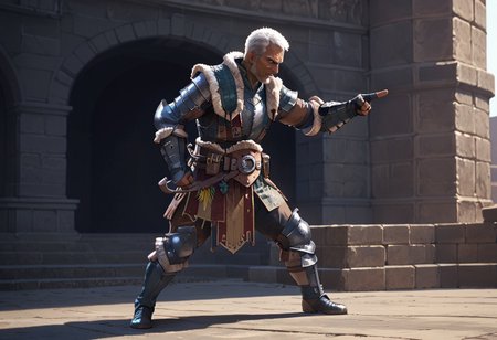 Zpdxl3, Score_7_up, score_8_up, solo male, full body, detailed, action shot, action scene, dynamic, cinematic, from side, 
BREAK,
 MHCommander, dark-skinned male, facial hair, scar on face, mature male, fur collar, armor, pointing, stern expression, 