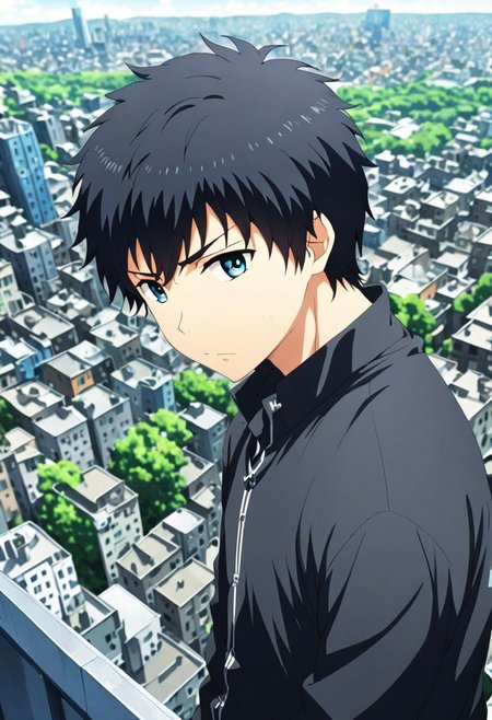 high resolution, solo, best quality, 1Boy, Arata Kaizaki, Black Hair, high-rise, top of building, landscape, depth of field, OverallDetail