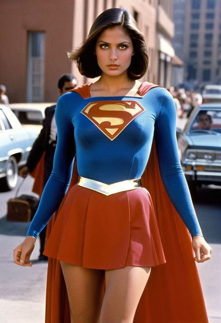 1980s Supergirl film costume, youthful raven-haired Algerian Supergirl, facing forward, shiny voluminous smooth straight side-parting short bob haircut, Supergirl film 1980s, ultra-realistic photo, Hyperdetailed photography, sharp focus
