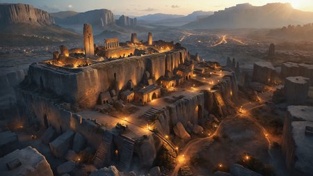 photorealistic, detailed digital illustration of a ancient city on a mountain top,<lora:EnvyPanoramaXL01:0.8>, <lora:sdxlaarg_aerial:0.8> archiaerialview, <lora:Arcane_Ruins_XL:0.7> arcane ruins, candle light, <lora:IPXL_v8:0.7> inkpunk style, <lora:MJ52:0.8>
