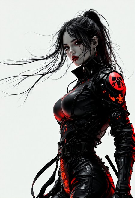 huge massive breasts, sexy black outfit, sexy wide hips, narrow waist, red lips, assassin style, black and white photo of a female cyborg samurai assassin in a motorcycle jacket with a high collar and Japanese inscription on the back, fighting stance, fists up, split, solo, simple background, implementation of wires on the shoulders and nano technology of the future, large sedge hat , 1 girl, white background, jacket, monochrome, upper body, grayscale, Female focus, long hair in the wind, guns, Clothing lettering, skull, skeleton, Japanese flag, Synthwave sunrise scene creation with faded dark colorful neon and black details, warm orange and pink hues casting a beautiful glow, cinematic lighting, detailed digital painting by Aaron Blaise and Robert Bateman and Carl Runguis, 4k resolution, hyperrealistic rendering, ethereal atmosphere