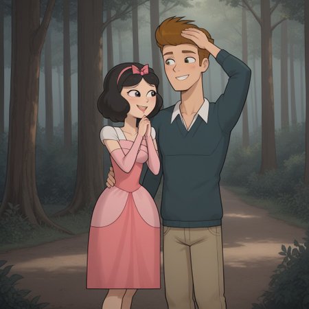 masterpiece, best quality, score_9, break. Ella_X_Topher, (1boy, Topher, Brown hair), break, (1girl, Ella, Black hair, hair bow), hug, forest, natural lighting