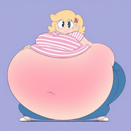HappyLikeAWall, 1girl, black eyes, single hairflower, closed mouth, blue eyes, blonde hair, pink striped shirt, jeans, gigantic belly,