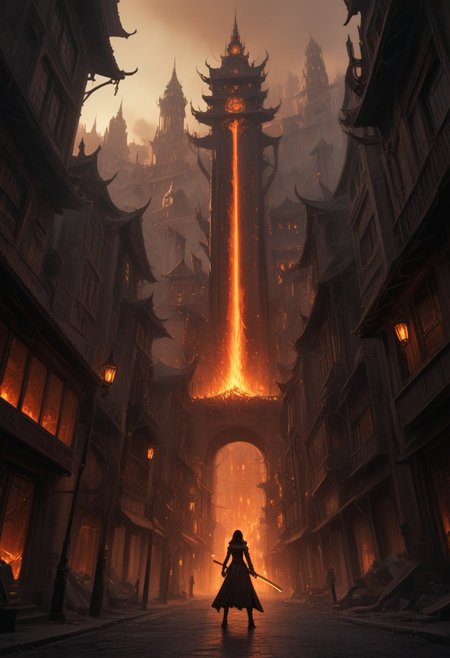 a street filled with lots of fire next to tall buildings, amazing fantasy art, steampunk katana, matte digital painting, vertical wallpaper, standing in hell, like jiufen, inspired by Maruyama Ōkyo, ravnica, fires glow lonely, inevitable doom, matte drawing, torches, pixiv frontpage, HavvoricFireDarkstyle