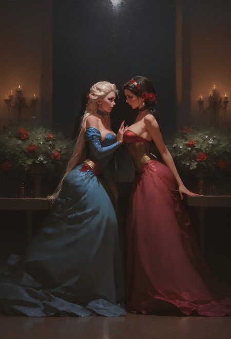 score_9, score_8_up, score_7_up,  2girls, 1girl (Snow White) and 1girl (Elsa), side view, (full bodies in view)  <lora:pony/twilight_style:0.8> <lora:pony/expressiveh:0.8> expressiveh <lora:sdxl/sinfully_stylish_sdxl>