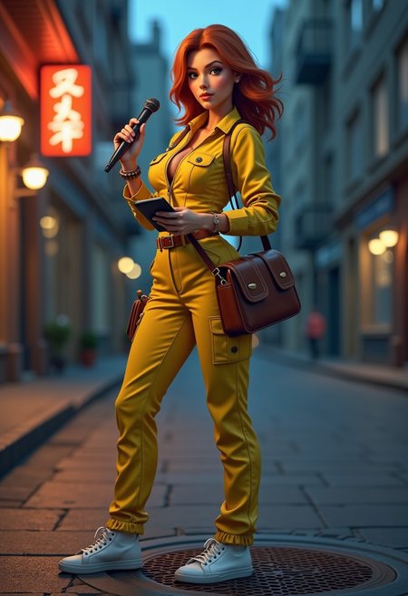 A photorealistic image of a woman resembling April O'Neil from * Mutant Ninja Turtles* as a real human. She has a strikingly beautiful, athletic figure with toned curves, massive breasts, a slim waist, and a confident stance. Her shoulder-length auburn hair is styled in soft waves, framing her face with bright, intelligent eyes and a warm, determined expression.  She is wearing her signature yellow jumpsuit, perfectly fitted to her body, with the zipper slightly undone at the top for a casual yet professional look. The jumpsuit features utility pockets and a matching belt, emphasizing her practical and adventurous personality. She pairs this with white sneakers and a vintage brown leather shoulder bag slung across her torso, containing her reporter essentials.  The setting is an urban street at dusk, with the faint glow of neon signs reflecting off wet pavement. She is standing near a manhole cover, holding a handheld microphone in one hand and a notepad in the other, as if she's in the middle of investigating a story. The lighting is cinematic, with a mix of cool blues and warm orange hues highlighting her figure and creating a dramatic yet grounded atmosphere. The scene captures her intelligence, bravery, and charm, bringing the animated character to life in a realistic, modern context.