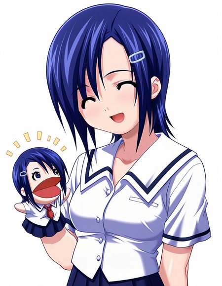 masterpiece, best quality, amazing quality, very aesthetic, absurdres, official art, ultra detailed,
1girl, solo, ayukawa_kana, blue hair, short hair, hairclip, blue eyes, 
school uniform, white shirt, pleated skirt,smile, looking at another, standing, hppt,hand puppet, ^ ^, happy aura, simple background, white background, upper body, deep contrast of light and dark, highly detailed <lora:hand_puppet_IL_v1:1>
<lora:ayukawa kana v1.0-000016:1>