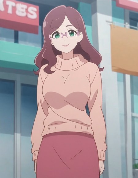 score_9, score_8_up, score_7_up, 1girl, solo, anime screencap,glasses, smile, green eyes, looking at viewer, long hair, brown hair,  pink-framed eyewear, sweater, closed mouth, rimless eyewear,cowboy shot,large breasts,pink skirt,long skirt, wide hip,<lora:nijigaokamahiru:0.8>