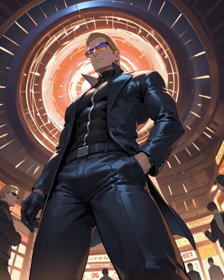 PonyScores7, source_anime, ah1, best quality, (masterpiece:1.4), (high quality:1.4), sharp focus, 4k, absurd resolution, <lora:albertwesker-guy-PONYv1:0.8> albertwesker, albert wesker, 1boy,  blonde, black gloves, (sunglasses:1.3), belt, black coat, black pants, looking at viewer, toned, athletic, fit, slicked back hair, black turtleneck, zipper, mature male, black boots, (Gazing into a mysterious, swirling portal with a sinister curiosity), (Jazz Festival), bad-hands-5, (Squinting), <lora:xl_more_art-full_v1:0.2>, <lora:shinyskin2:0.2> glistening skin, <lora:aesthetic_anime_v1s:0.2>, <lora:Expressive_H:0.2> Expressiveh, <lora:hairdetailpxl:0.2> hairdetailpxl, <lora:detailxl:0.2> detailxl, (Low angle (from behind) view Close shot), (focused, intense glare), slit pupils, short hair, (blue eyes), best quality, amazing quality, best aesthetic, absurdres, <lora:expressive eyes:0.2> expressive eyes, <lora:eyedetailpxl:0.2> eyedetailpxl, illustration, Volumetric_Lighting, ultra-detailed, very aesthetic, intricate details, 8k, masterpiece, best_quality, (angular face, sharp_featured face), <lora:Eyes_High_Definition:0.4> EyesHD,