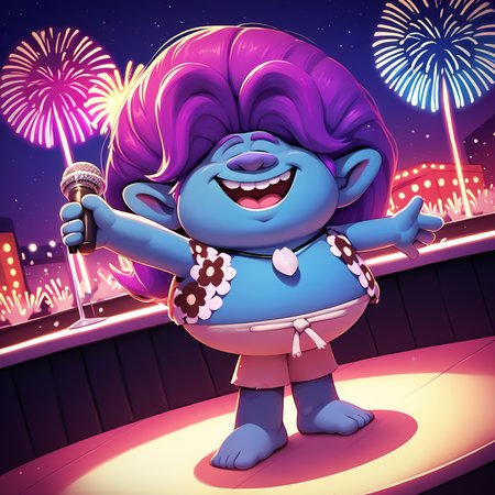 score_9, score_8_up, score_7_up,score_6_up, score_5_up, score_4_up, <lora:spruce-v1-16:1> tspruce, 1boy, solo, white necklace, purple hair, floral vest, white shorts, dancing, nightclub, dutch angle, microphone, fireworks, holding, singing,