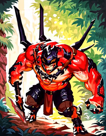 anime artwork score_9, score_8_up, score_7_up, best quality, high quality, highly detailed, cel shading, source_cartoon, <lora:Smooth Style LoRA XL:0.6> drakahlcru, sharp teeth, metallic helmet, orange eyes, muscular humanoid, dark red fleshy skin,  holding weapon<lora:Drakahl_Crucible:0.8> detailed background