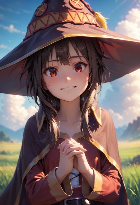 score_9, score_8_up, score_7_up, solo, depth of field, dramatic lighting,  detailed, high resolution, fantasy, adventure, grass, sun, blue sky, clouds, , smile, master piece, standing, hand holding gripping hat, 
1 girl, cute face, Megumin