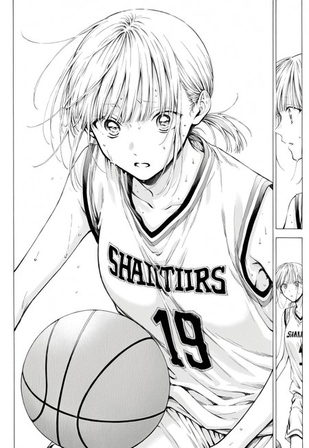 chinatsu kano (young), straight bangs, medium-length hair, small chest, youthful body, manga, monochrome, ponytail, wearing a loose basketball jersey and shorts, holding a basketball, sweat on her brow, focused expression
