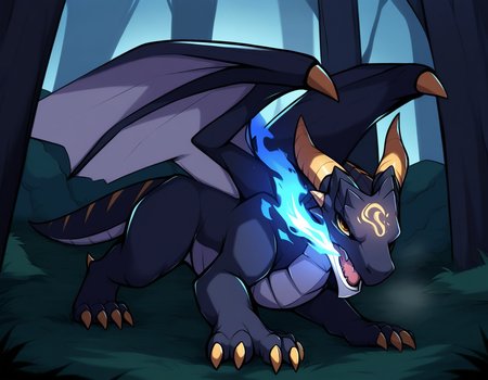 1boy, solo, western dragon, feral, male, [maplemir], fighting pose, all fours, (fire breathing, blue fire), 4 fingers, 4 toes, yellow eyes, looking at viewer, open mouth, [wings, tail, claws, stripes], forest, outdoors, detailed face, detailed hands, [[[drks]]], year 2023, year 2024, (masterpiece, best quality, very aesthetic, amazing quality), absurdres, highres