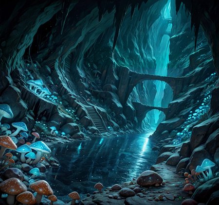 masterpiece, best quality, amazing quality, very aesthetic, absurdres, dark theme, realistic, (underground ruins, ruins, cave, mushrooms, nature, water, buildings, blue theme, glowing mushrooms, dynamic angle, detailed background, light particles) 