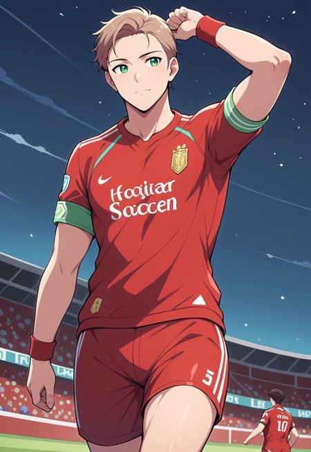 safe_pos, safe_pos, score_9, score_8_up, score_7_up, source_anime, front view, view from below, BREAK, ( soccer_player, green eyes, light brown hair, correct hair, best eyes, standing, looking to the side, red soccer shirt, red soccer shorts, cheerful expression, arms raised, green armband, celebrating, ) 1boy, male focus, solo, BREAK, night sky,