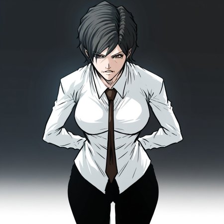 score_9,score_8_up,score_7_up,(masterpiece), best quality, expressive eyes, amazing quality, solo, 1girl, mature female, milf, black hair, brown eyes, short hair, breast, white shirt, black pants, tie, annajbis, dark room,