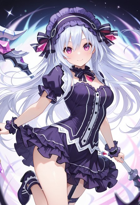masterpiece, best quality, good quality, very aesthetic, absurdres, newest, 8K, depth of field, ckTiaraFFF, 1girl, wearing purple dress, headband, smile, holding staff, midair