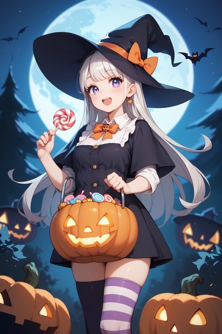 score_9, score_8_up, score_7_up, <lora:halloween:0.7>, A cute anime girl in a witch hat, holding a jack-o'-lantern bucket filled with candy. She's wearing striped thigh-highs and a Halloween-themed outfit. The background is a spooky forest with a full moon.
