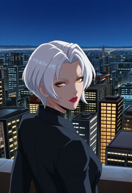 MASTERPIECE, AMAZING QUALITY, HM2K, 1GIRL, SHORT HAIR, WHITE HAIR, YELLOW EYES, CITY