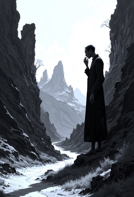 « A fragile black figure, An Eames era stretched Surrealism painting of a black and white scene with many shadowy shapes in a contrasting tone, a skinny elongated film noir detective, director David Lynch, smoking a cigarette, in the Nevada desert looking away at a lost highway, twin peaks in the distance, half-film noir, half-specter. »