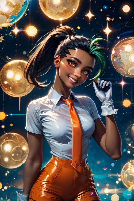 score_9, score_8_up, score_8, medium breasts, (curvy), cute, eyelashes,       BREAK, , <lora:NemonaJayler:0.8> nemona, 1girl, aged_up, dark skin, ponytail, long hair, freckles, smile, shirt, hair pulled back, white shirt, orange shorts, necktie, gloves, collared shirt, short sleeves,, BREAK,  (ultra realistic,32k, masterpiece:1.2),(high detailed skin:1.1),( high quality:1.1), curvy, head tilt, hearts, blush, lips, curvy, head tilt, shiny clothes, (upper body), looking at viewer, bokeh, luminescent background,  embedding:zPDXL, Expressiveh,  <lora:RlAnmPDXL:1.0>,
