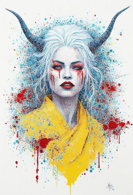 pointillismstyle, pointillism art
, score_9, score_8_up, score_7_up, cinematic photo, porcelain white skin, blood dripping from lips, blood dripping down chest, blood red triple demon horns, white hair, dramatic lighting, dynamic pose, oni woman in kimono, cyberpunk, yellow_sun, teal background
